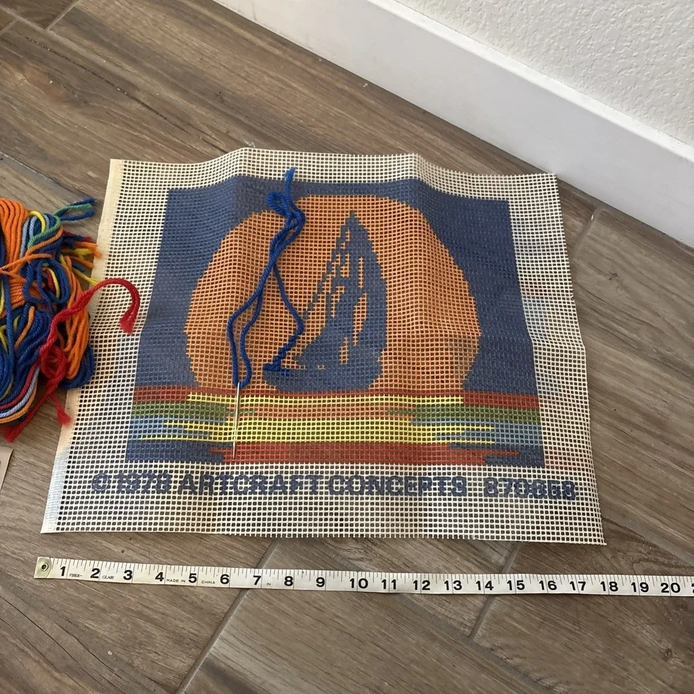 Vintage 1970's Artcraft Concepts Sunset Boat Cross Stitch Kit Started 18